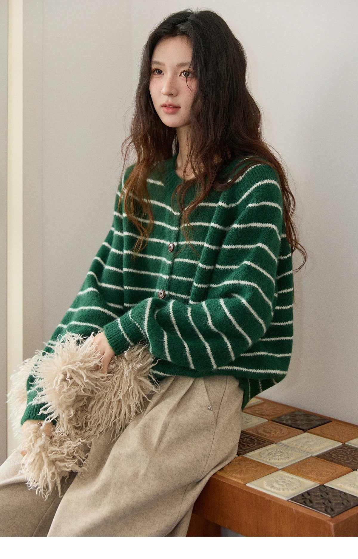 MISHOW Green Striped Cardigans for Woman 2025 Winter Knitted Cardigan Wool Blend Loose Retro Crew Neck Knit Sweater MXE86Z2735