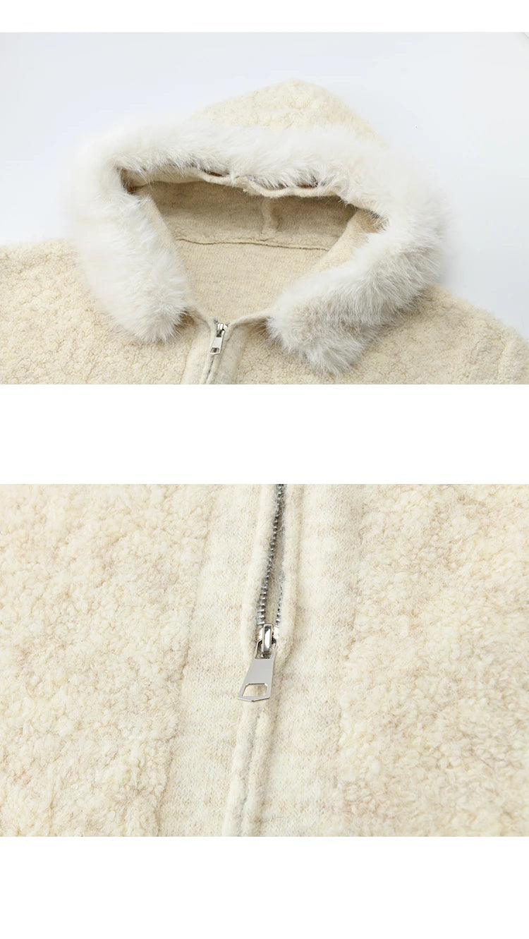 MISHOW Women's Beige White Cardigan Winter Fur Hood Zipper Warm Loose Outerwear Towel Embroidered Knitted Cardigan MXE94Z2963