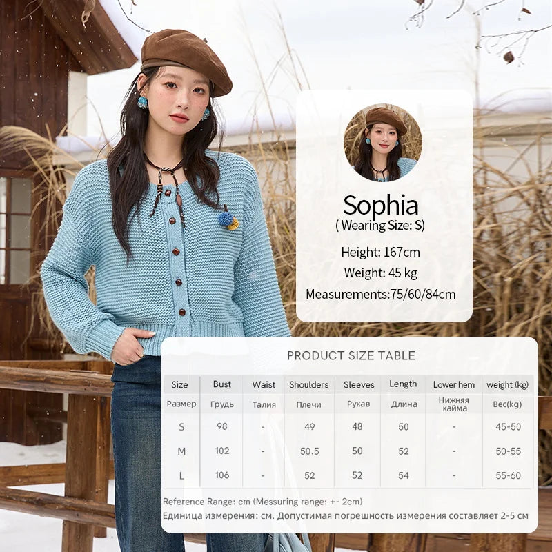 MISHOW Blue Knitted Cardigan 2025 Autumn Winter New Crew Neck Pompom Decorated Sweater Commute Elegant Loose Top MXE51Z2551