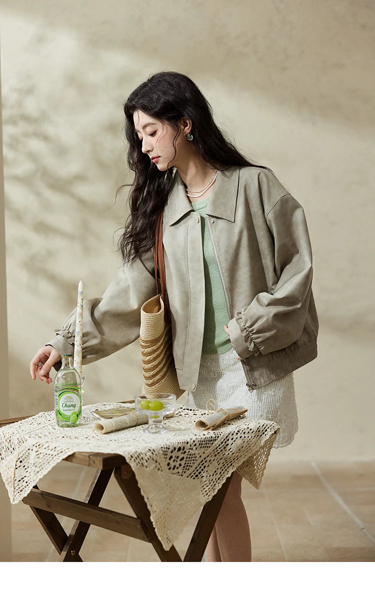 MISHOW Minimalist Short Jacket for Women Spring 2025 Casual Lapel Jacket Zipper Elastic Hem Solid Coats Streetwear MXE13W0715