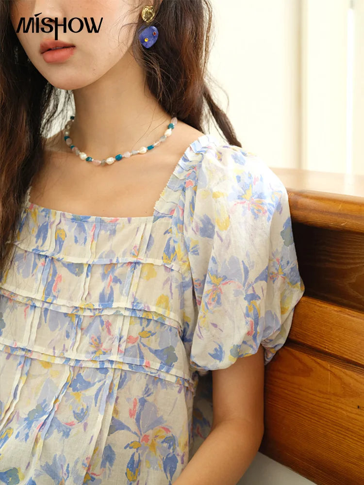 MISHOW Fashion Square Neck Puff Sleeve Blouse for Women 2025 Summer New French Sweet Loose Print Top Ladies Clothing MXE39X1937