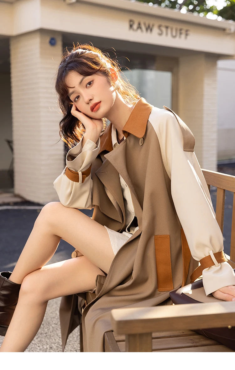 MISHOW Autumn Women's Khaki Trench Contrast Color Woman Clothes Spliced Turn-down Collar All-match Casual Jacket MXB31W0367