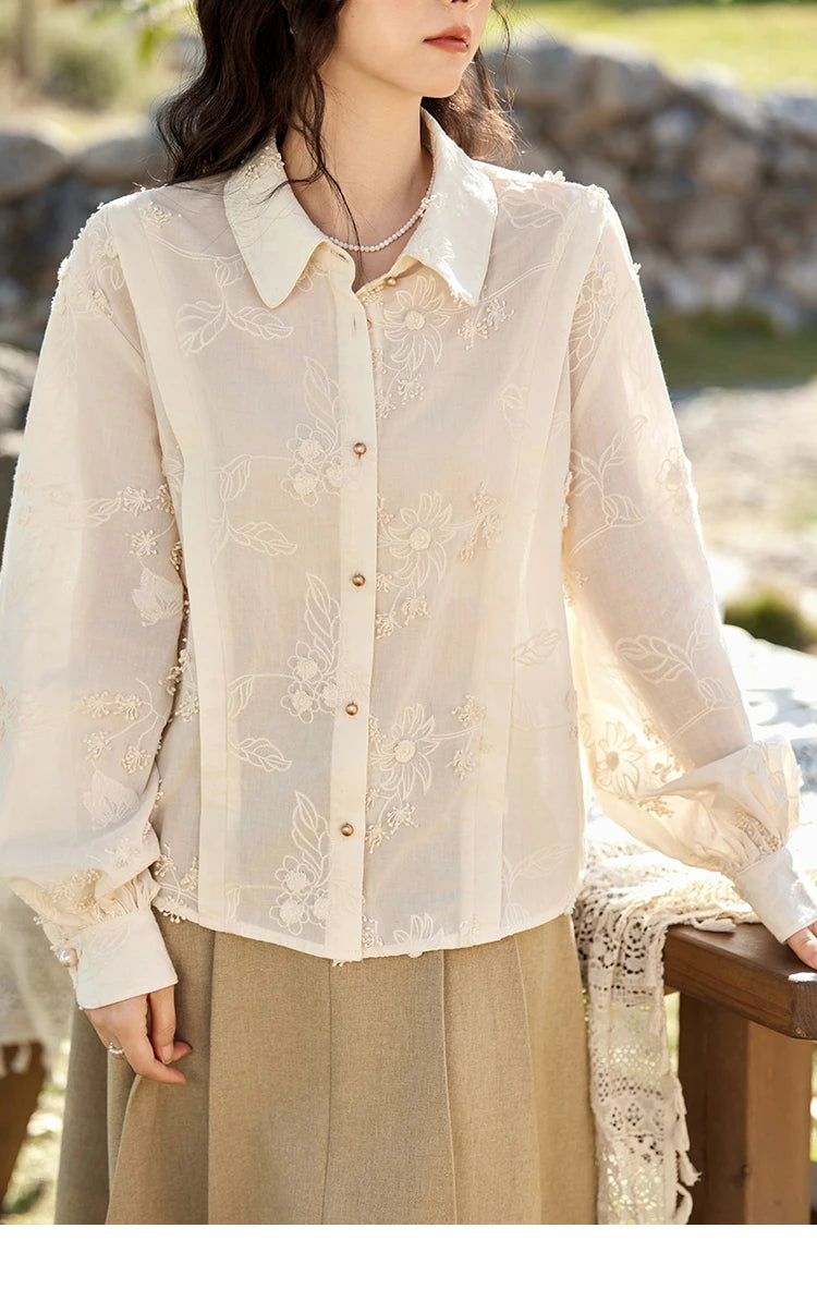 MISHOW 100Cotton Embroidered Jacquard Shirt for Women Spring 2025 Long Sleeved Loose Top Lapel Single Breasted Shirts MXE12C0391