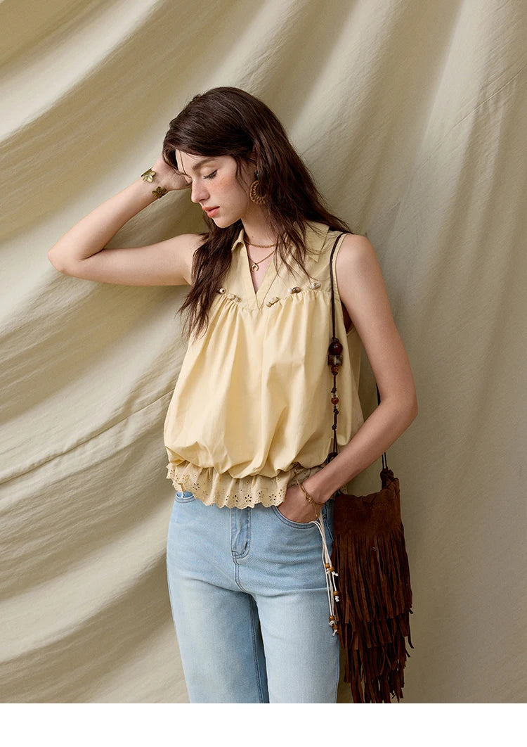 MISHOW Office Lady New Blouse Women Summer New Sleeveless Turn-down Collar Hollow Lace Shirts Female Slimming Fashion MXE31X1760