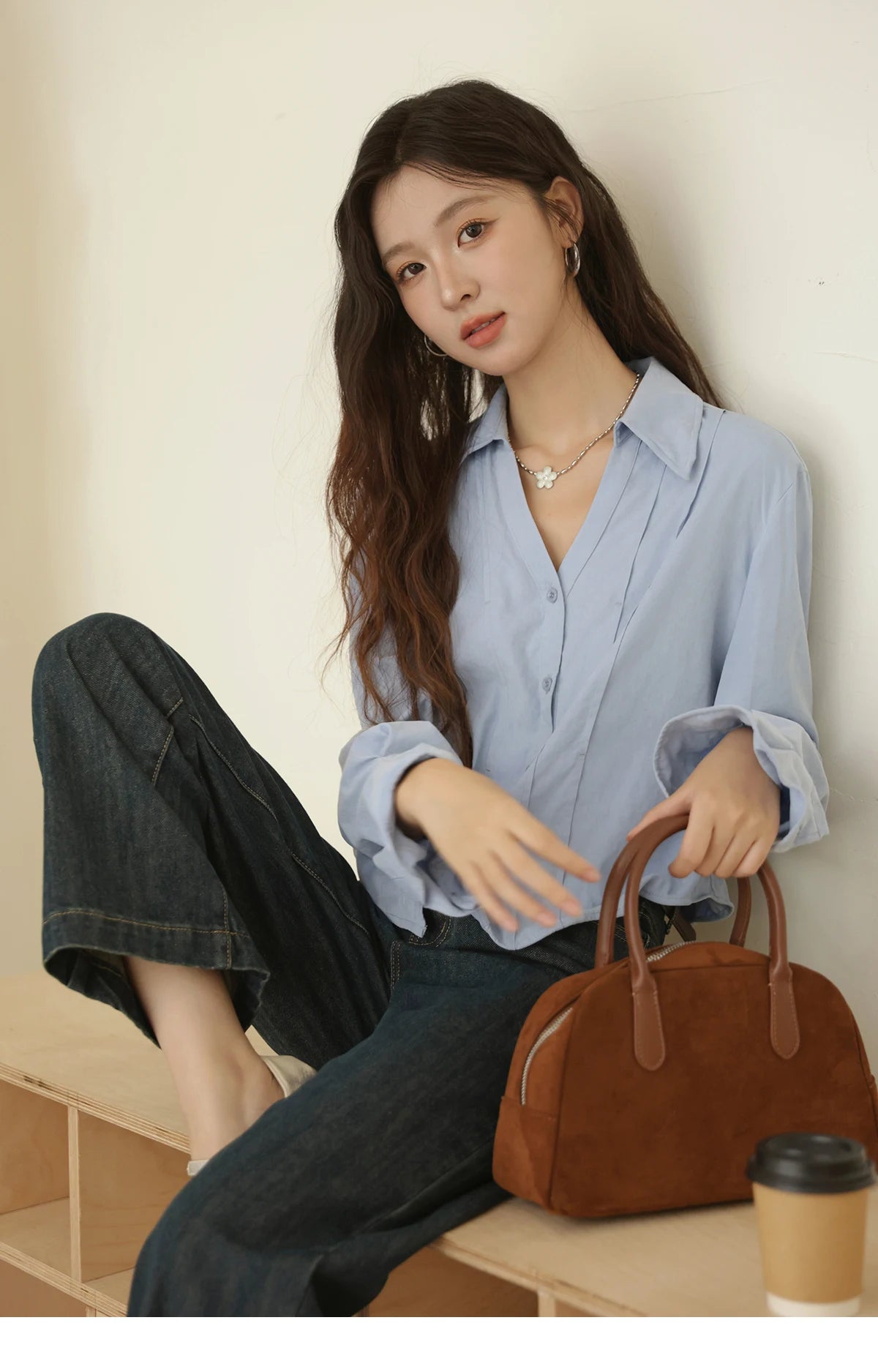 MISHOW Blue Peach Skin Velvet Shirt for Women Autumn 2025 Lapel V-neck Shirts Female Pleated Cuffs Tops Office Lady MXE44C2392