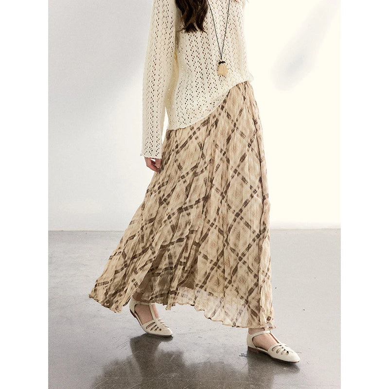 MISHOW Women's Beige Plaid Maxi Skirt 2026 Spring High Waist Flowy A-Line Skirts Elastic Waist Casual Chiffon Skirt MXF108B0769