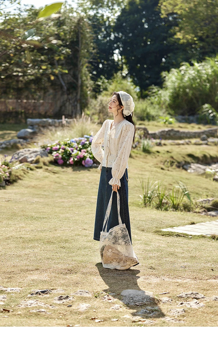 MISHOW Hollow Lace Shirt for Women Spring 2025 French Retro Lace100 Cotton Shirt V Neck Waist Elastic Cuffs Blouses MXE12X1710