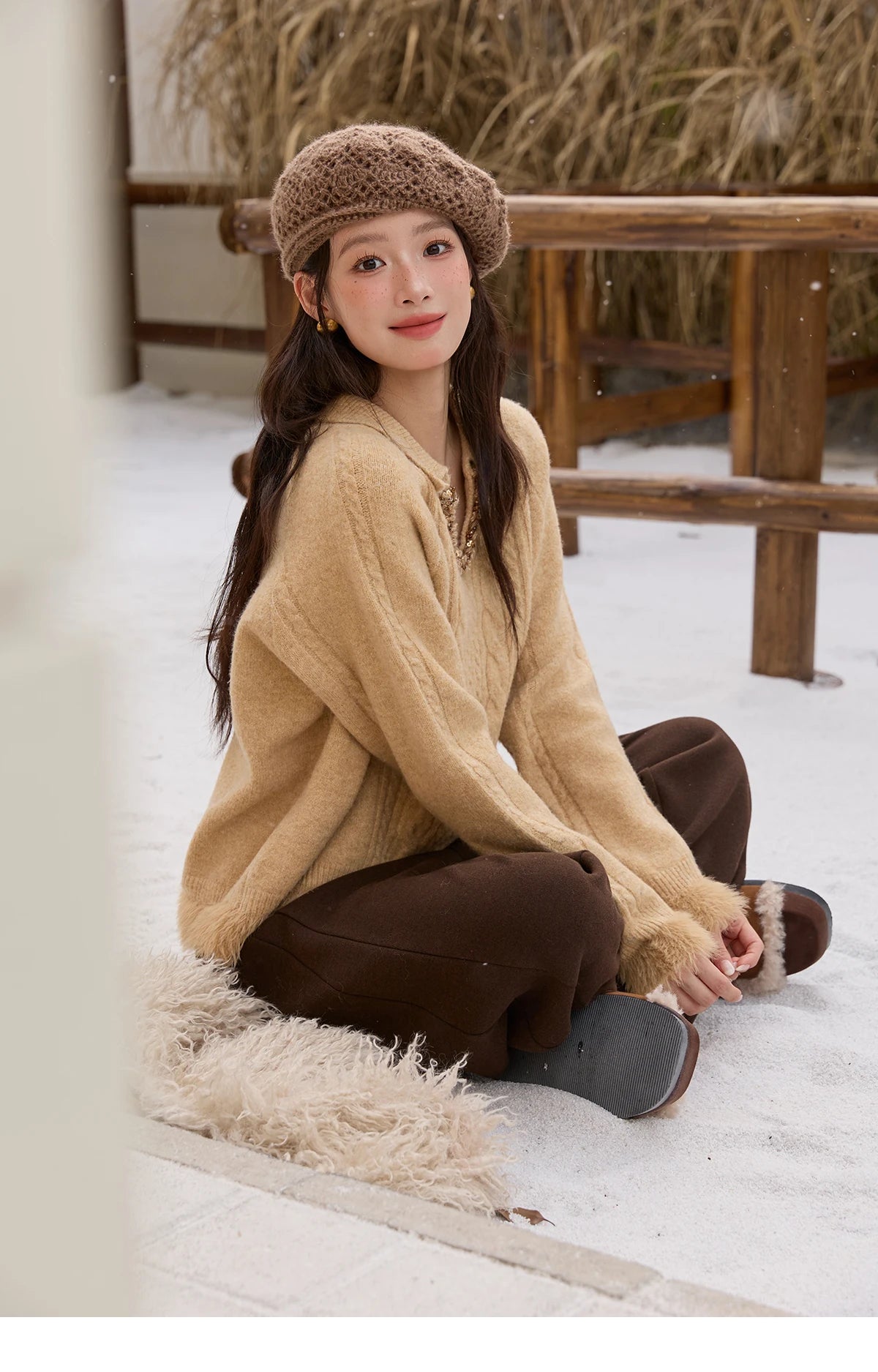 MISHOW Yellow Knitted Sweater for Women 2025 Winter New Long Sleeves Cable Plush Hem Stitching Casual Sweater Luxury MXE88Z2674