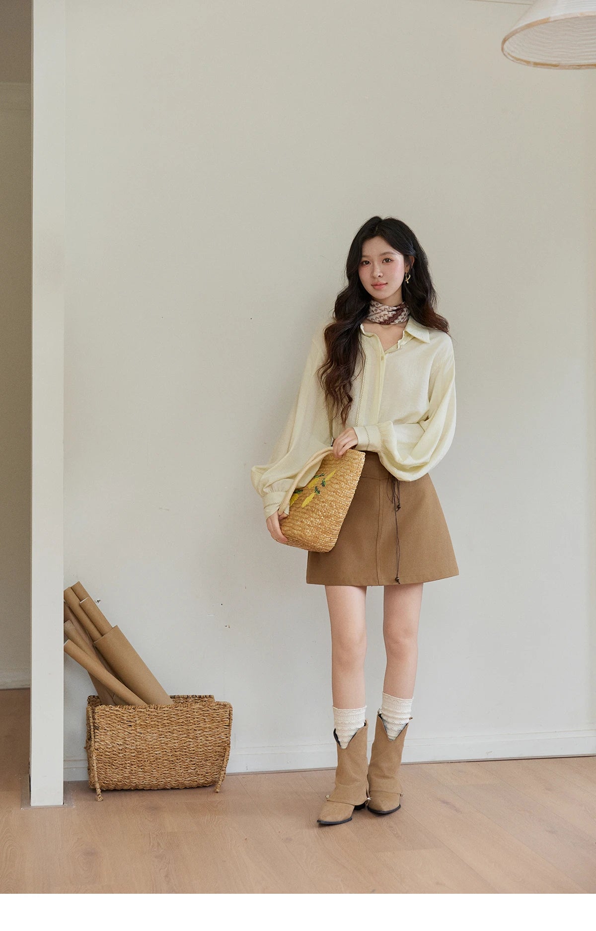 MISHOW Women's Lapel Lantern Sleeve Shirts 2026 Spring Lace Trim Casual Loose Breathable Solid Shirt Office Lady MXF13C2436