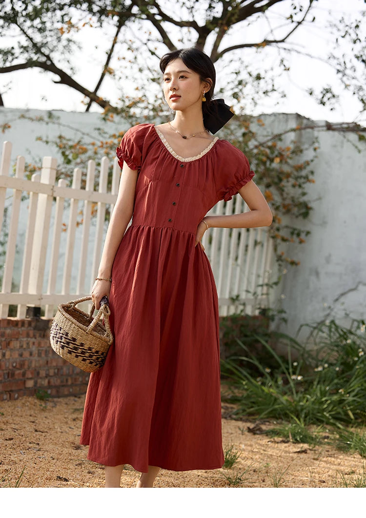 MISHOW French Summer Dress Women New 2025 Puff Short Sleeve Lace Neck Slimming Long Dresses Female Fashion Elegant MXE35L2297