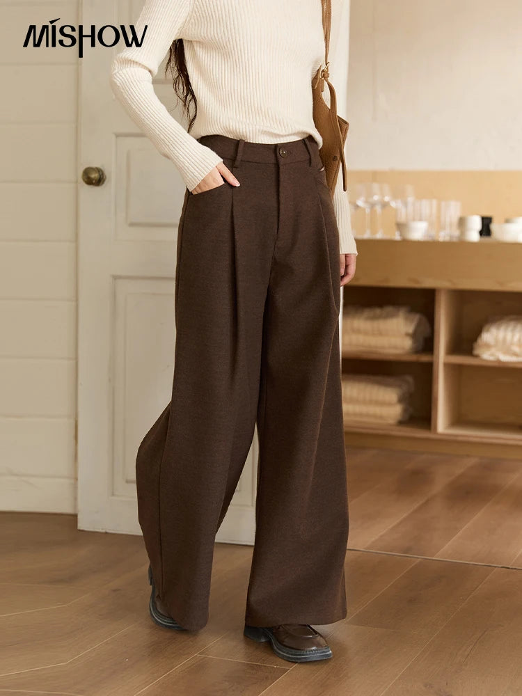 MISHOW Brown Wide-leg Pants for Women 2025 Autumn Winter New Retro High Waist Drape Trousers Commute Casual Pants MXE51K1094