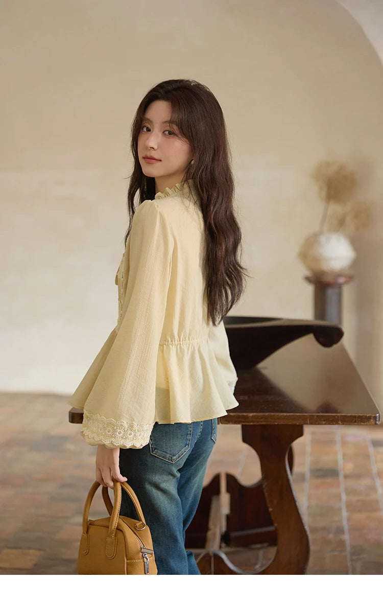 MISHOW French Thin V-neck Blouse 2025 Autumn Lace Patchwork Elastic Cuffs Top Bead Drawstring Lantern Sleeves Blouses MXE41X1925