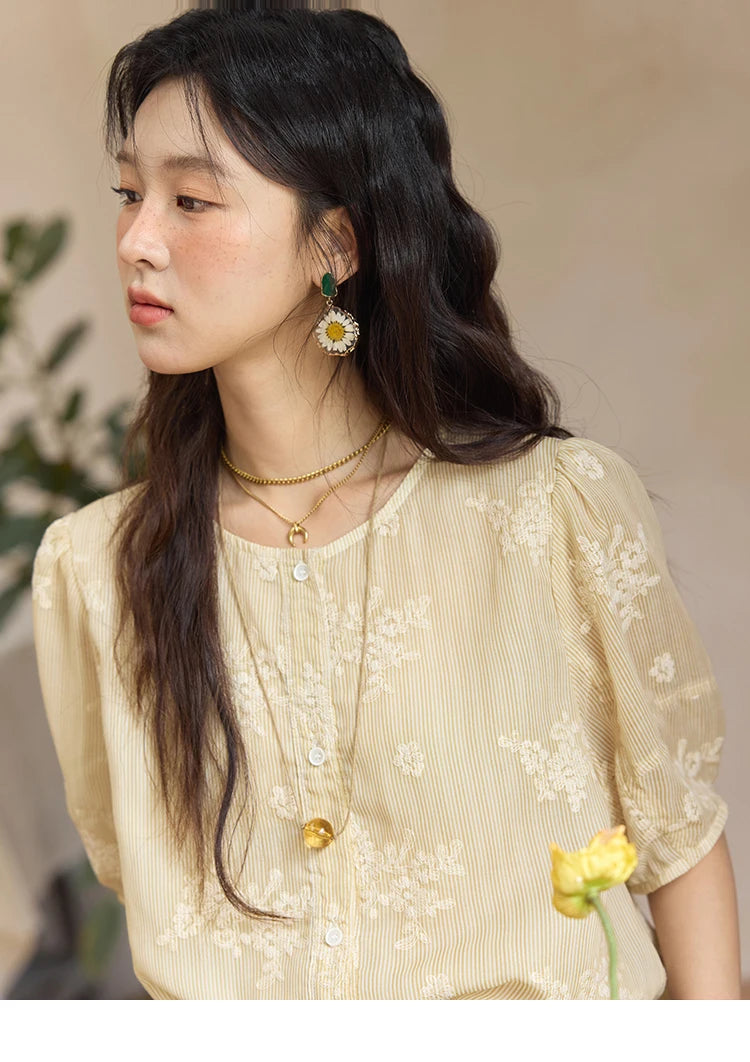 MISHOW French Retro Embroidered Floral Blouse for Women Summer 2025 Round Neck Single Breasted Top Puff Sleeve Blouse MXE36X1874