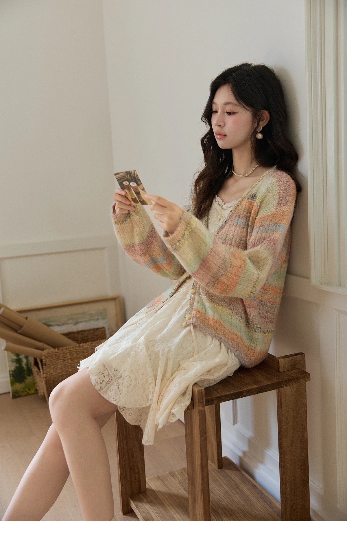 MISHOW Women's Gradient Striped Knit Cardigan 2026 Spring V Neck Single Breasted Casual Thin Soft Rainbow Sweater MXF13Z3019