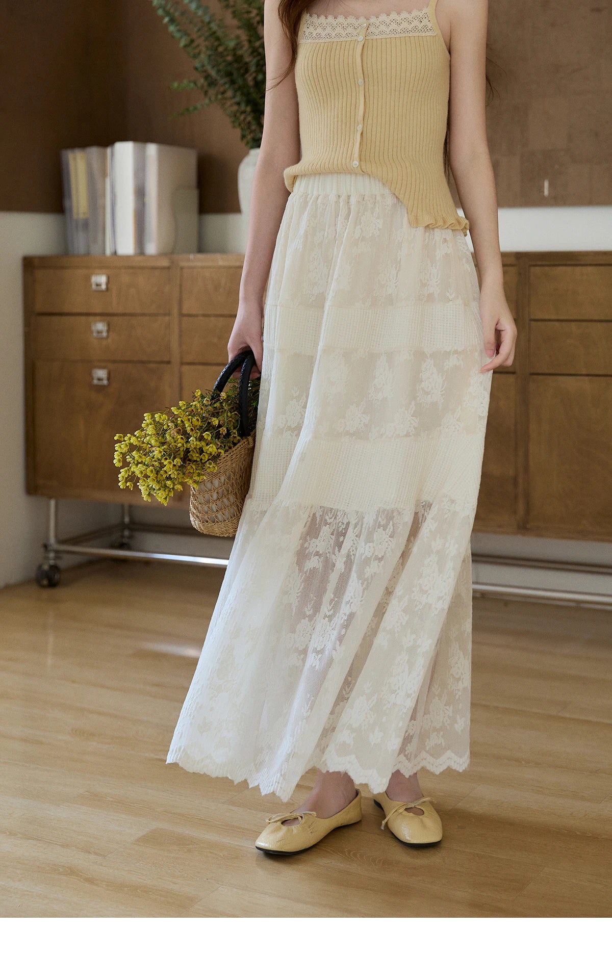 MISHOW Women's Cream Lace Maxi Skirt 2026 Spring Summer Floral Embroidery Tiered Ruffled High Waist Casual Long Skirt MXF11B2462