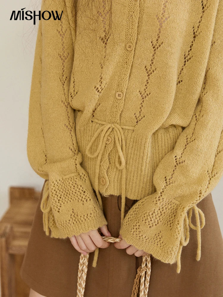 MISHOW Women's Yellow Knitted Cardigan 2026 Spring Hollow Out V-Neck Drawstring Waist Long Sleeve Casual Loose Tops MXF108Z1022