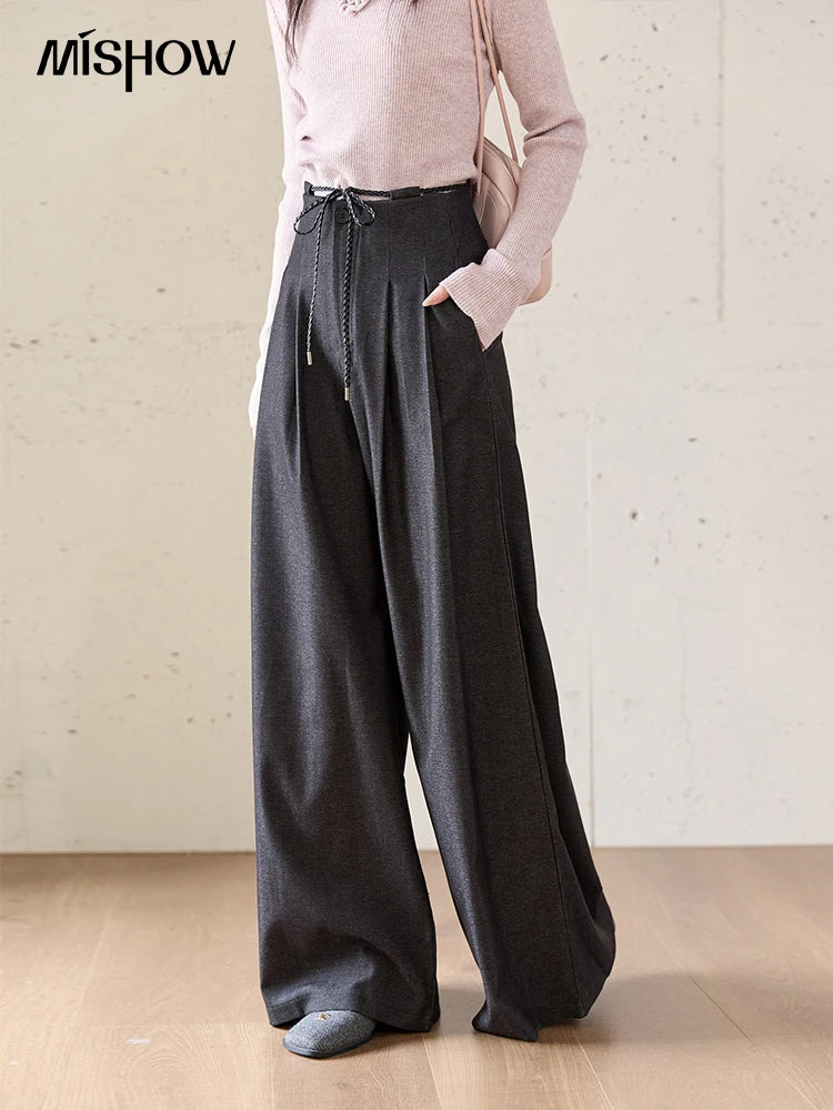 MISHOW Women's Trousers 2025 Autumn Winter Lace-up Gray Wide-leg Pants High Waist Slim Commuting Casual Pants Women MXE51K1106