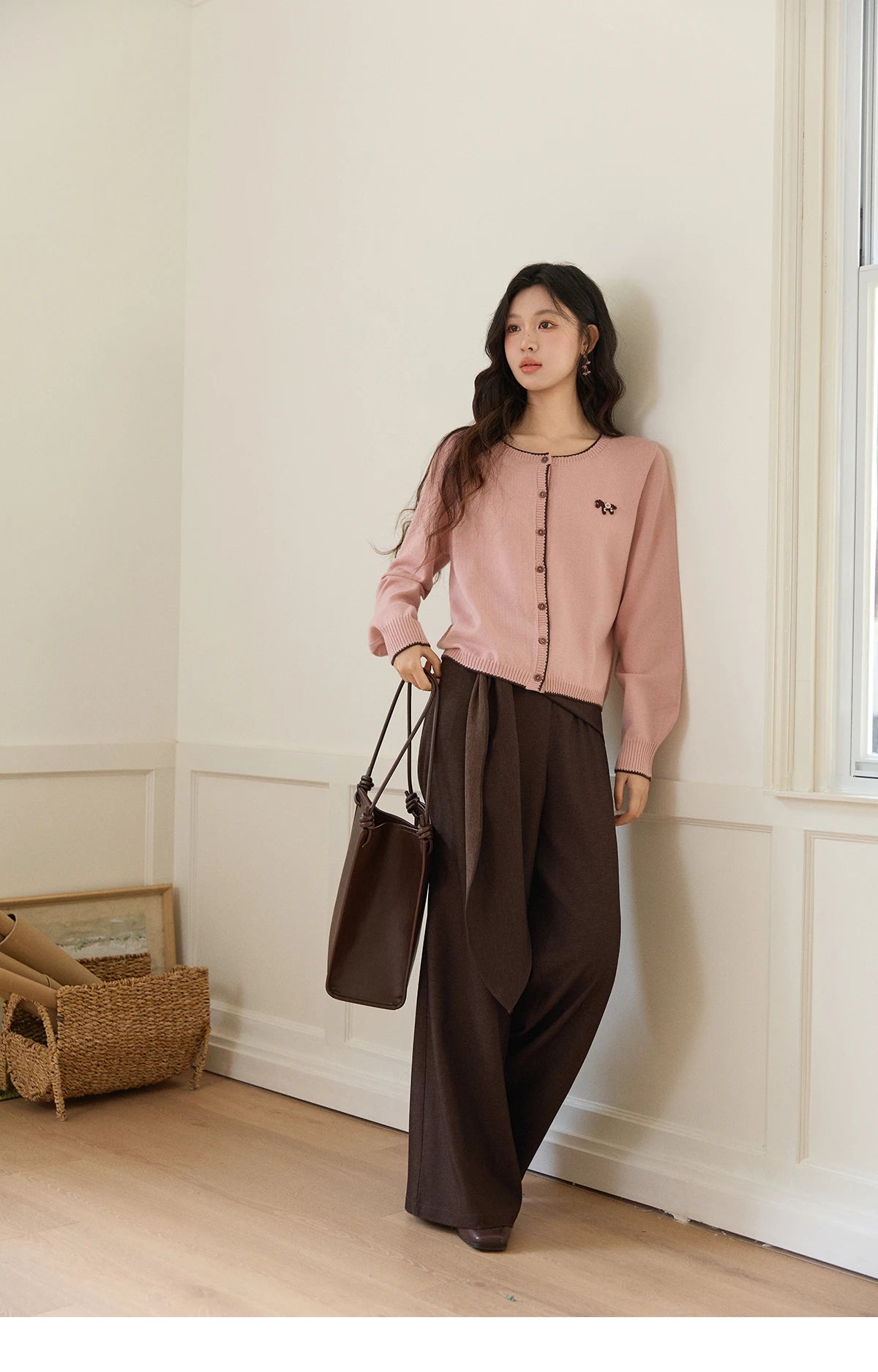 MISHOW Contrast Trim Crew Neck Knit Cardigan 2026 Spring Single Breasted Casual Pink Sweater with Pony Decoration MXF108Z1023