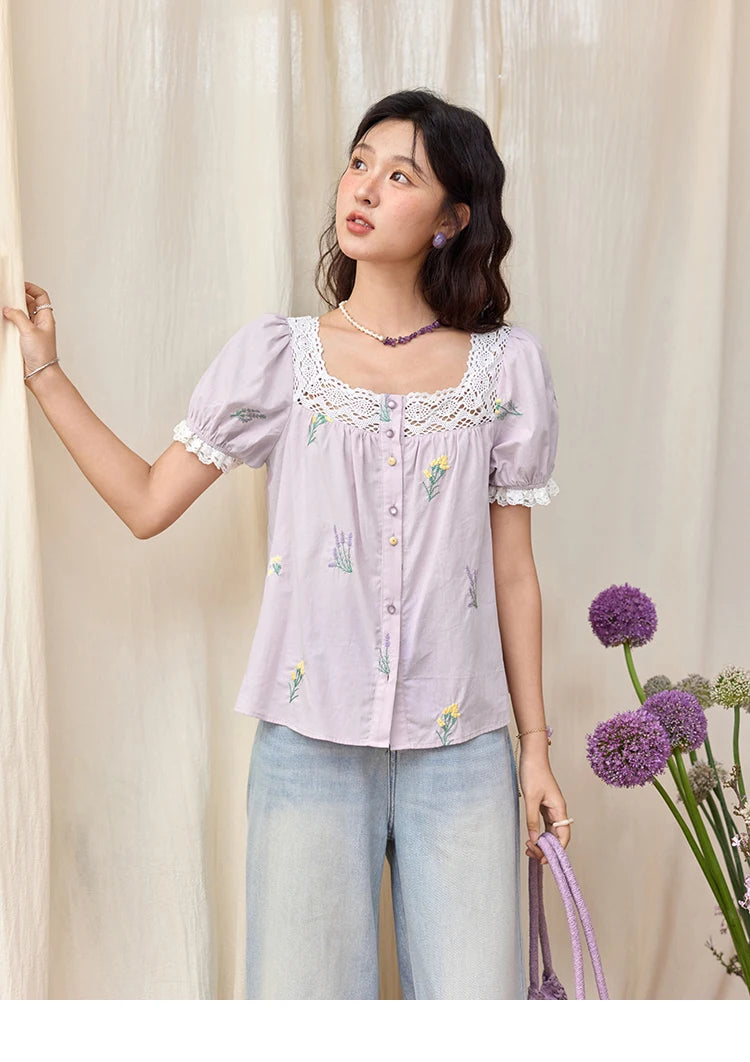 MISHOW Women's Lace Patchwork Embroidered Blouses 2025 Summer Korean Elegant Square Collar Blouse Short Sleeved Tops MXE36X1830