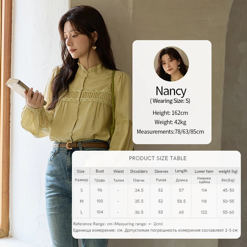 MISHOW Light Yellow Linen Solid Shirt 2025 Autumn Splicing Lace Hollow Sleeves Shirts Stand Collar Top Office Lady MXE42X1976