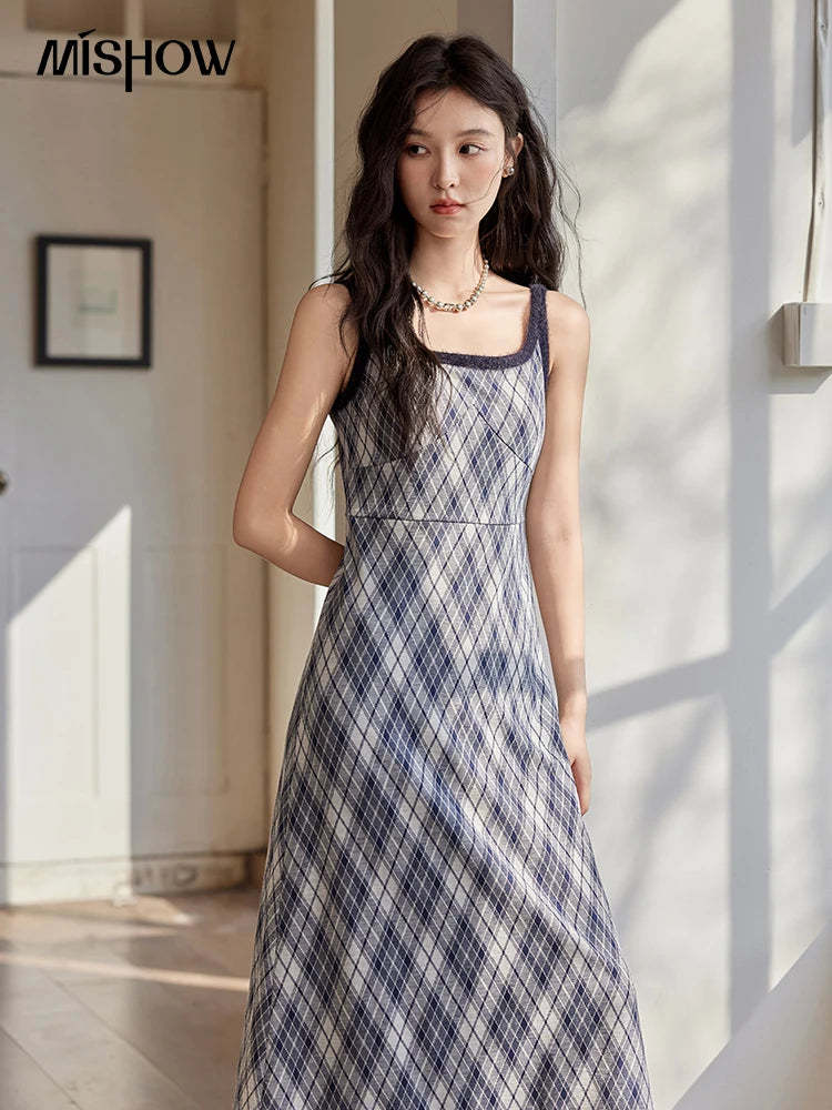 MISHOW French Vintage Dress O Neck Knitted Cardigan Separately Women Sweet Knitted Short Sweater Plaid Camisole Dress MXD43L2012