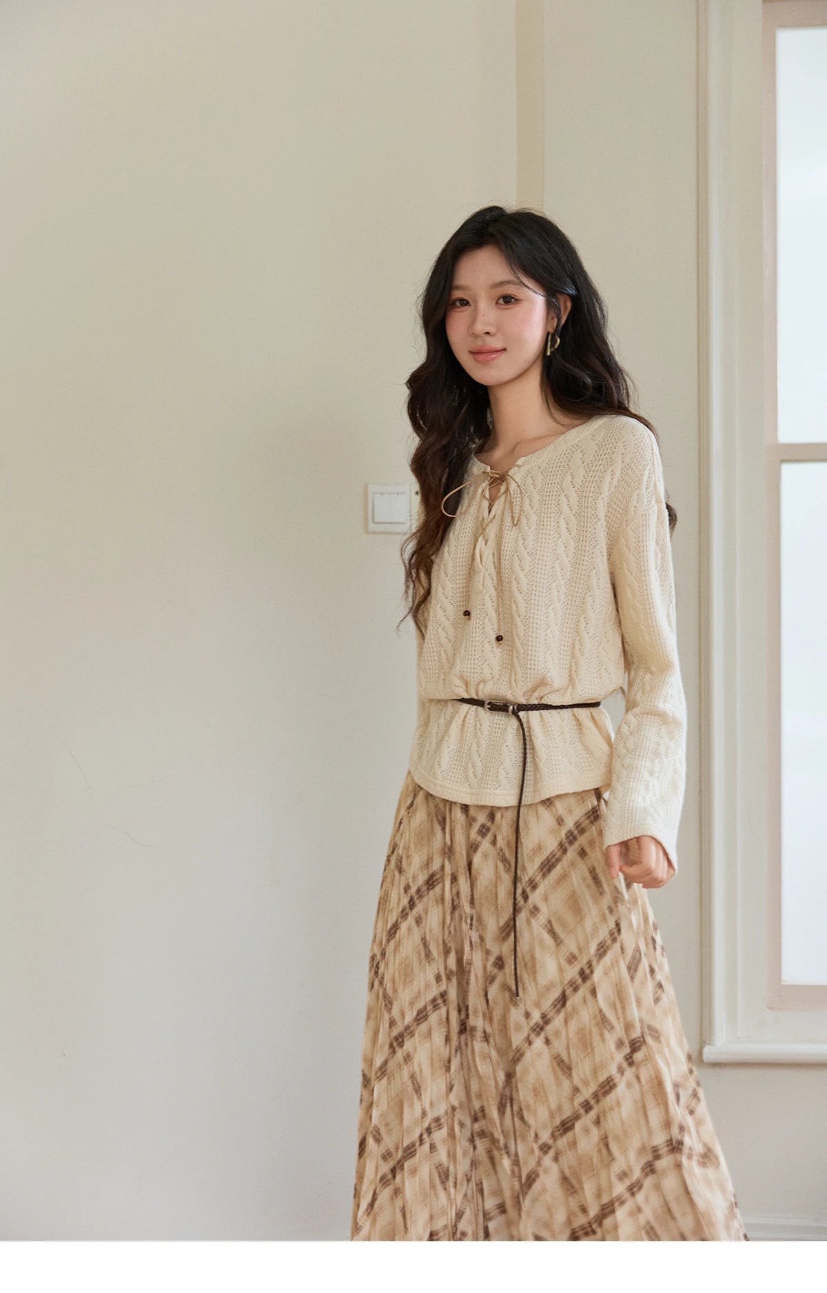 MISHOW Women's Beige Apricot Knitted Sweater 2026 Spring V-Neck Lace-Up Cable Knit Casual Loose Top Excluding Belt MXF108Z1029