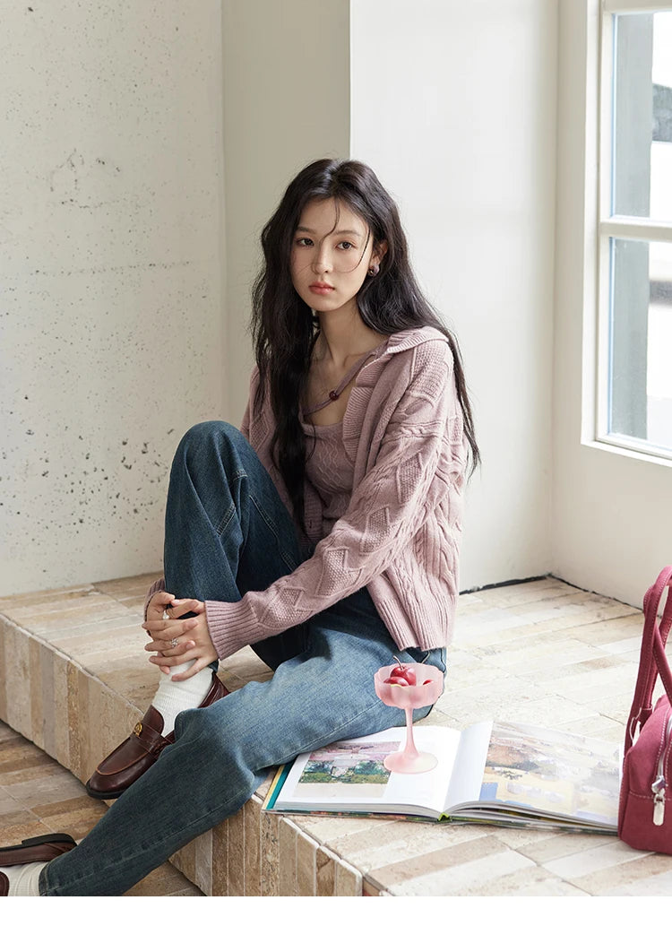 MISHOW Pink Knitwear Camisole Cardigan Separately 2024 Fall Fashion Sweet Knitted Vest Asymmetric Flounce Sweaters MXD45Z0781