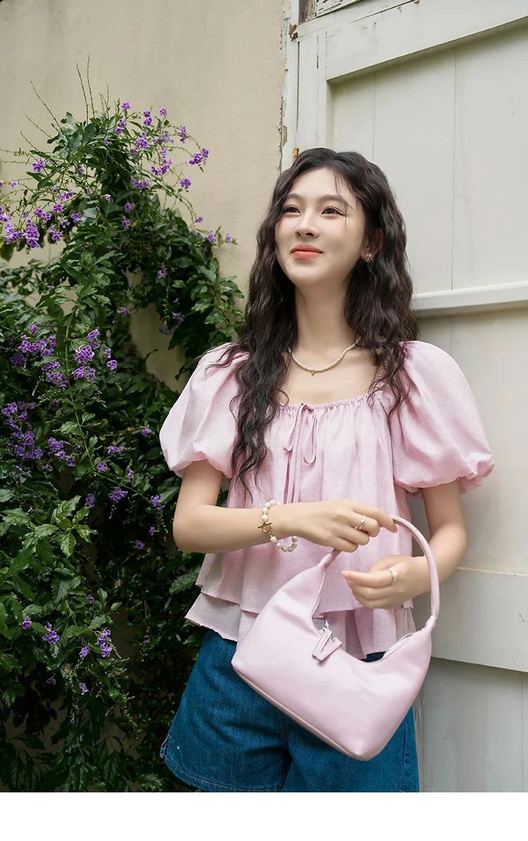 MISHOW French Square Neck Tied Lantern Sleeve Blouses 2025 Summer Double Layered Hem Puff Sleeve Solid Sweet Tops MXD26X1551