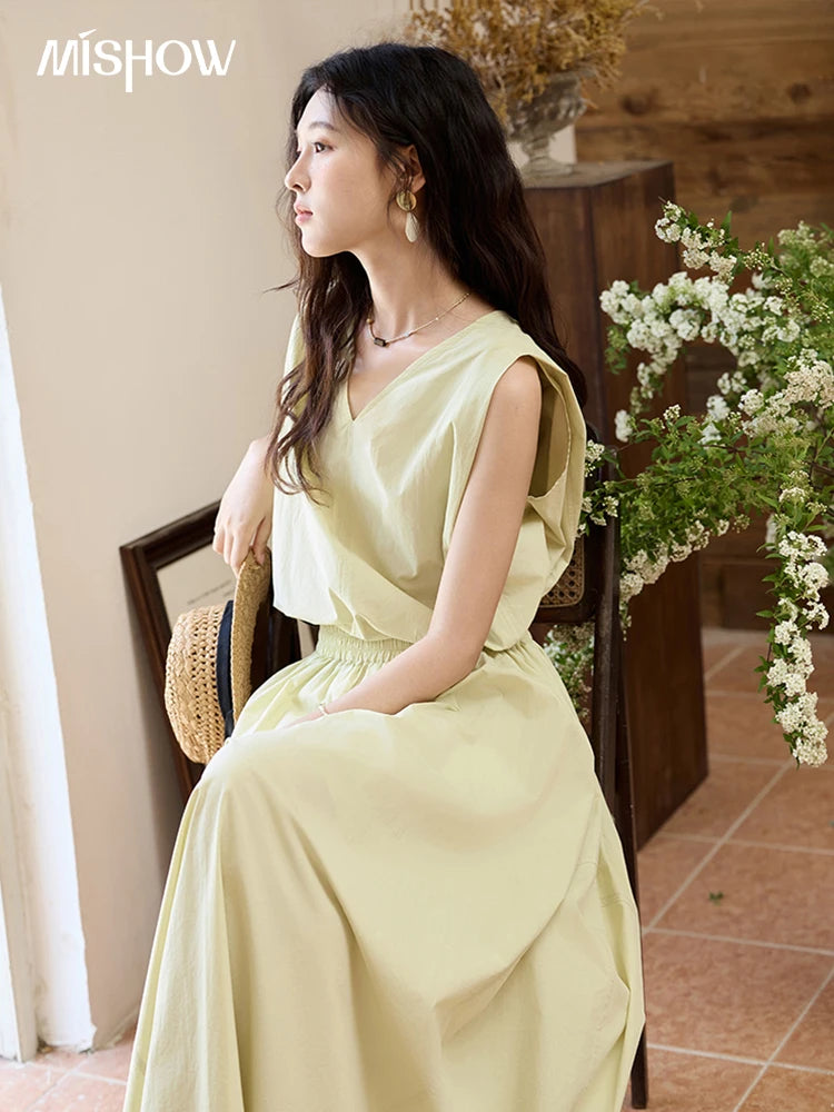 MISHOW Office Lady Solid Blouses Skirts Sets Women Summer 2025 V-neck Sleeveless Vest Elastic Waist Loose Skirts Sets MXE34T0604
