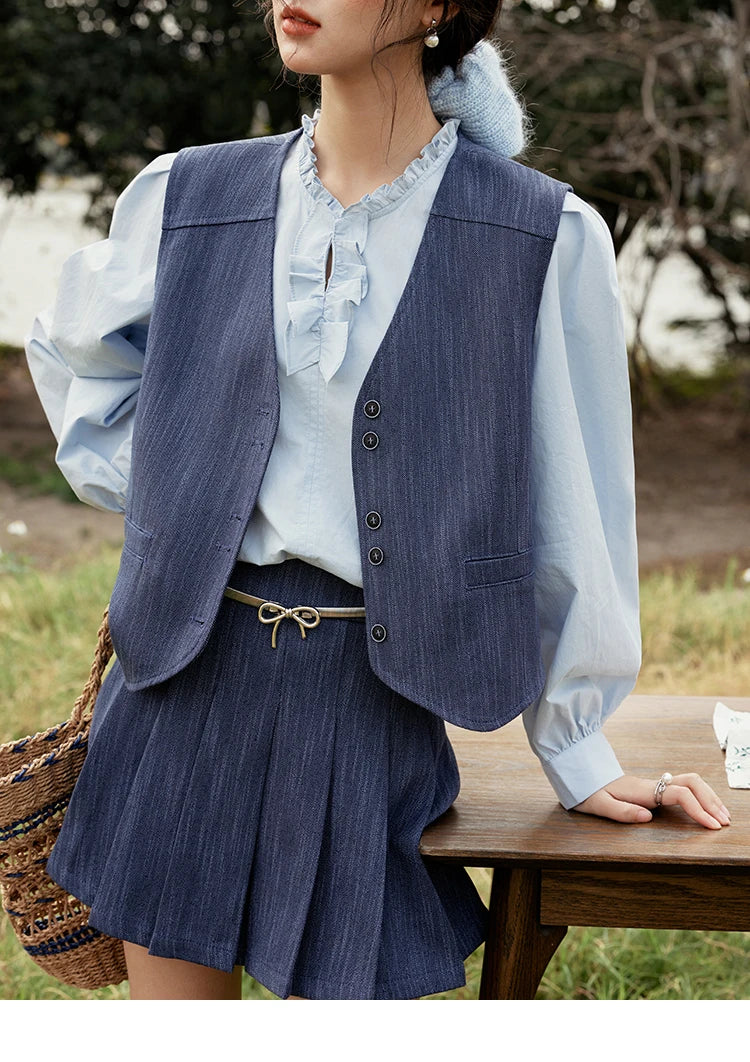 MISHOW Women's V-neck Vest Coat Pleated Skirt Set Spring 2025 Symmetric Fake Pocket Coat A-line Skirts (No with Belt) MXE31T0505