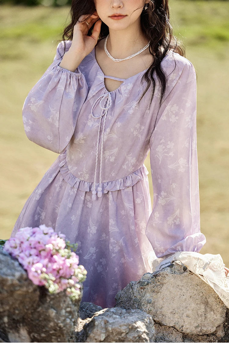 MISHOW Iris Chiffon Dress for Women Spring 2025 Waist Slim Black Fungus Edge Straps Dresses Purple Floral Fairy Dress MXE13L2095