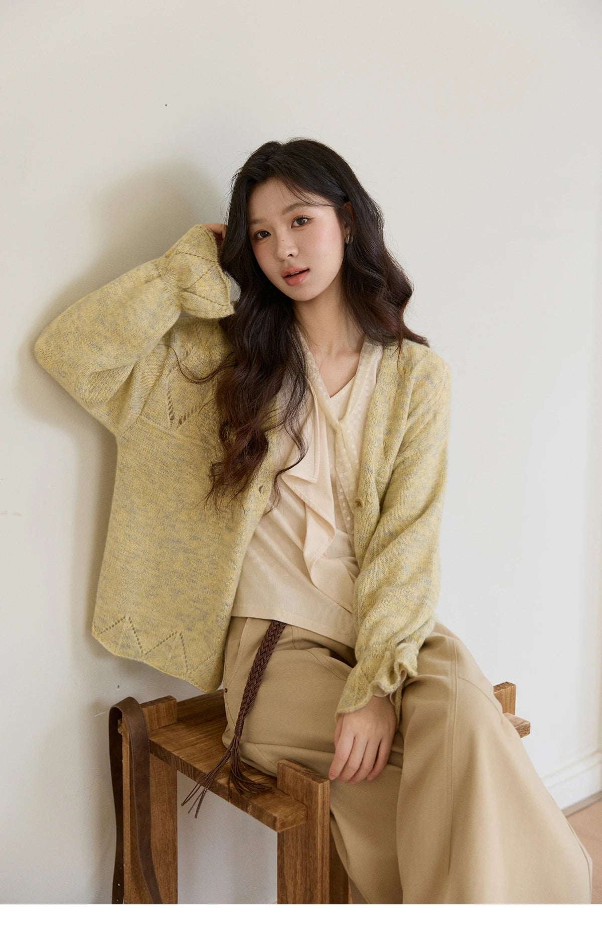 MISHOW Women's Marled Yellow Mohair Knit Cardigan 2026 Spring V-Neck Flare Sleeve Cardigans Casual Loose Sweater MXF108Z1021