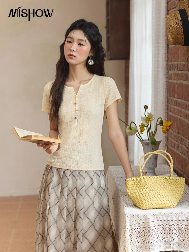 MISHOW Short Sleeved Knitted T-shirt for Women Summer 2025 Twisted Design Dopamine Button Tees Slim Breathable Top MXE34Z1243