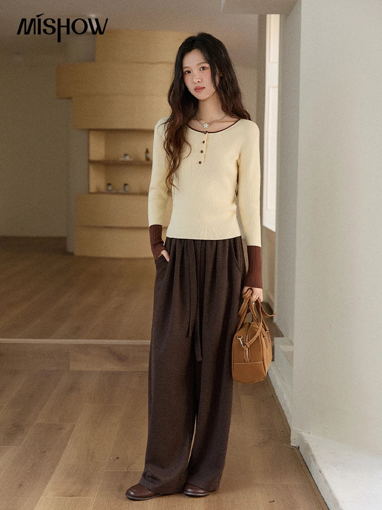 MISHOW Long Sleeves Sweater Women 2025 Winter New Retro Contrast Color Crew Neck Knit Top Comfortable Slim Sweater MXE89Z2639