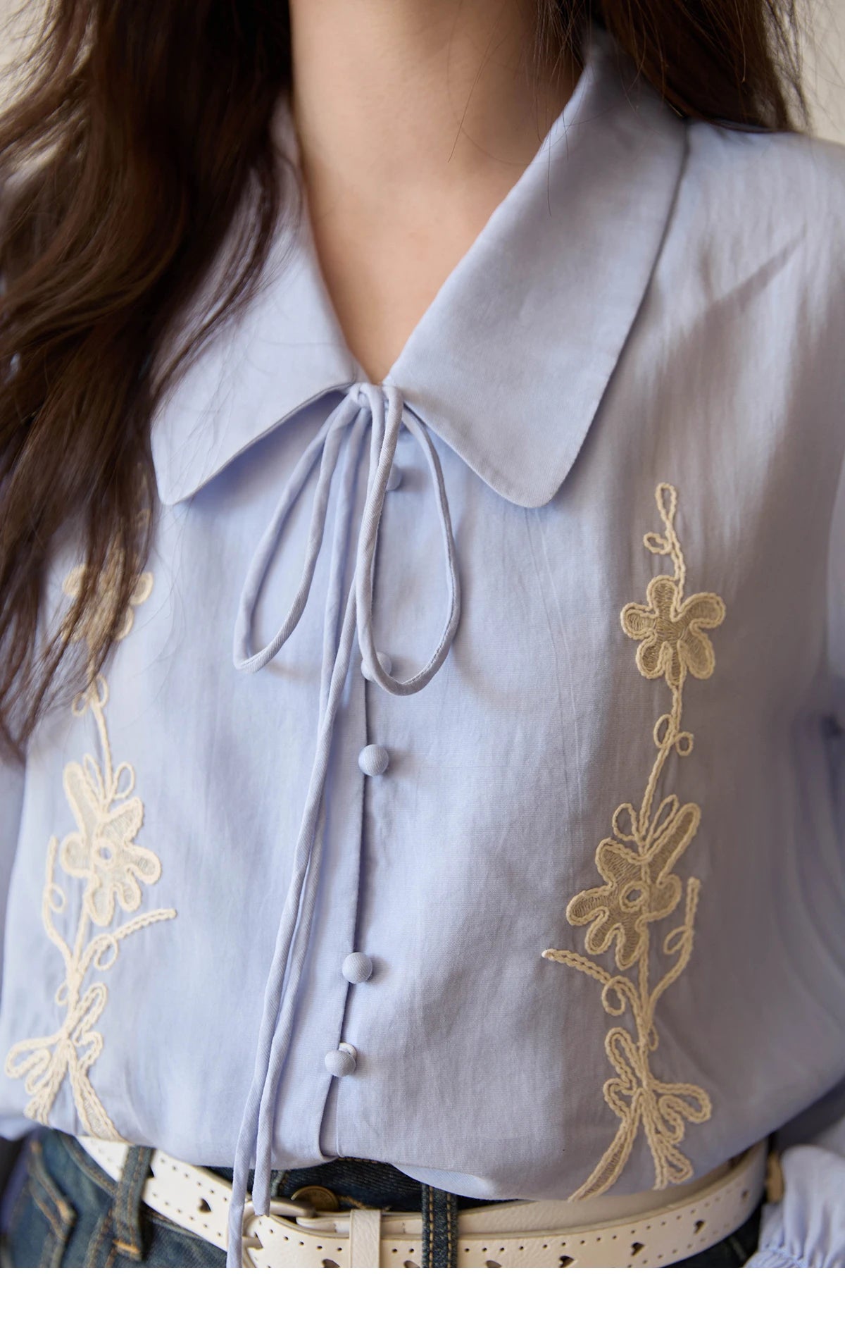 MISHOW Women's 100% Lyocell T-Shirt 2025 Autumn Flower Embroidered Tops Puff Sleeves Lapel Lace-up Shirts Office Lady MXE42C2371