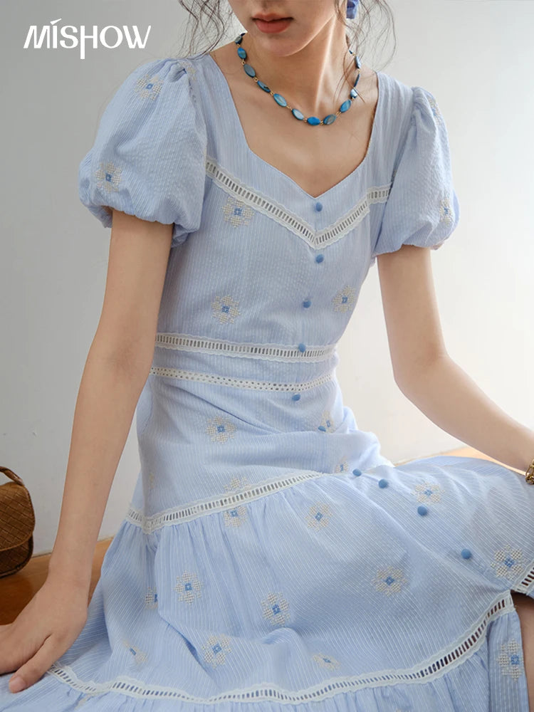 MISHOW Ladies French Sweet Embroidery Flower Puff Sleeve Dress 2025 Slim A-Line Big Swing Dresses Women's Clothing MXE35L2271