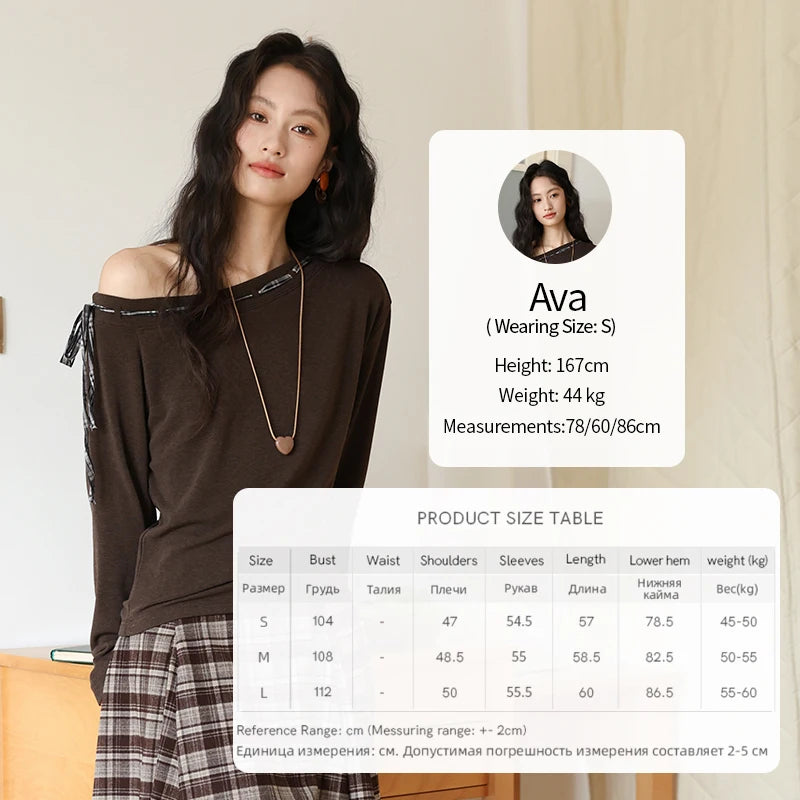 MISHOW Slant Shoulder Knitted Top for Women Autumn 2025 Drak Brown Plaid Strap Design Tops Casual Knitted Base Top MXE45T1402