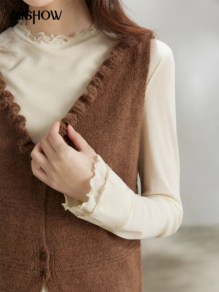 MISHOW Women's Brown Two-Piece Set 2026 Spring Knitted Vest V-Neck Cable Knit Maxi Skirt Casual Retro Warm Outfit MXF11T1460