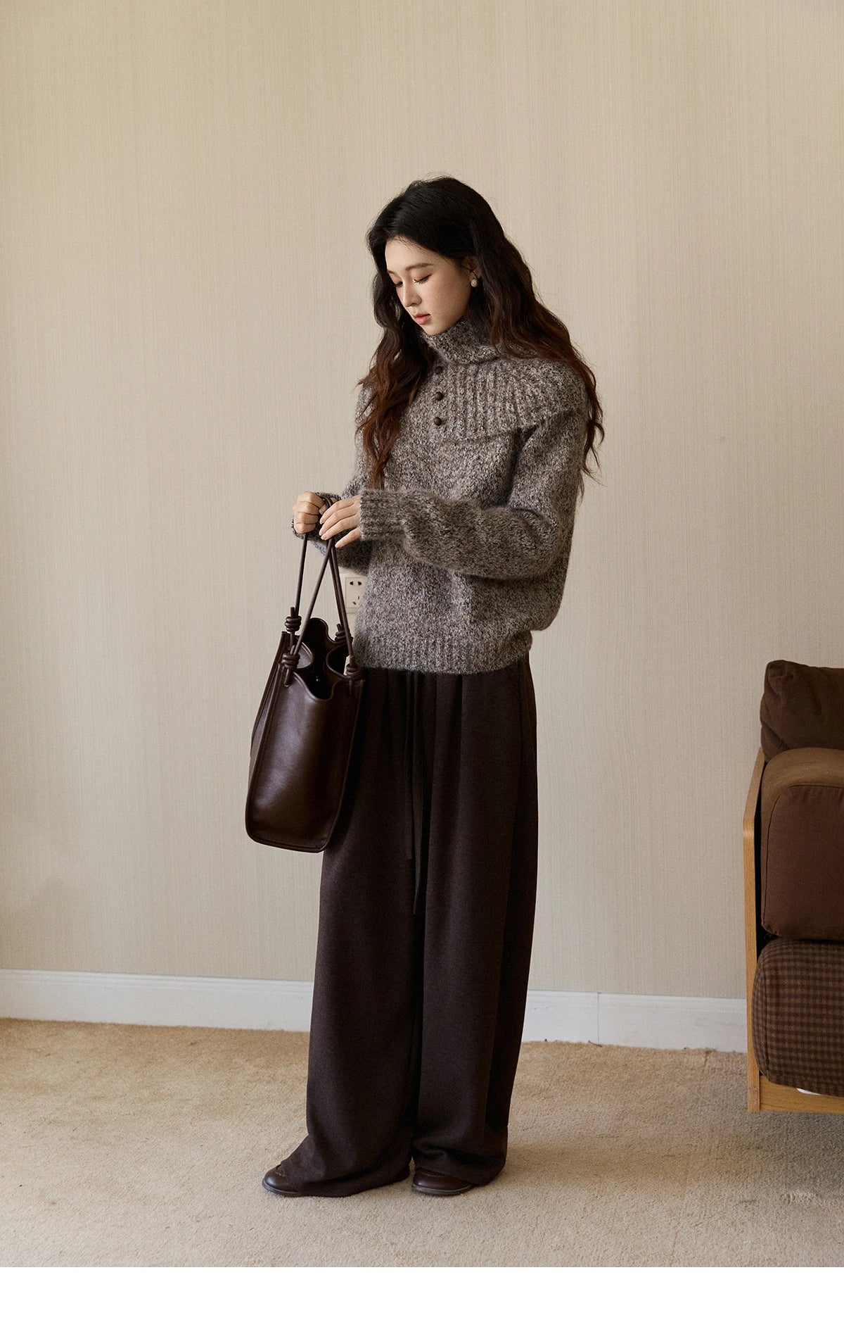 MISHOW Women's Gray Knit Sweater with Neckwear Scarf 2025 Winter Textured Button Decor Loose Warm Pullover Sweater MXE94Z2978