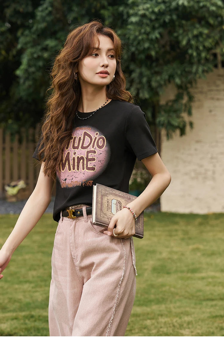 MISHOW Letter Print Short Sleeve T-shirt for Women 2024 Spring Summer New Loose Casual Tshirt Woman Crew Neck Tee Top MXD13T0164