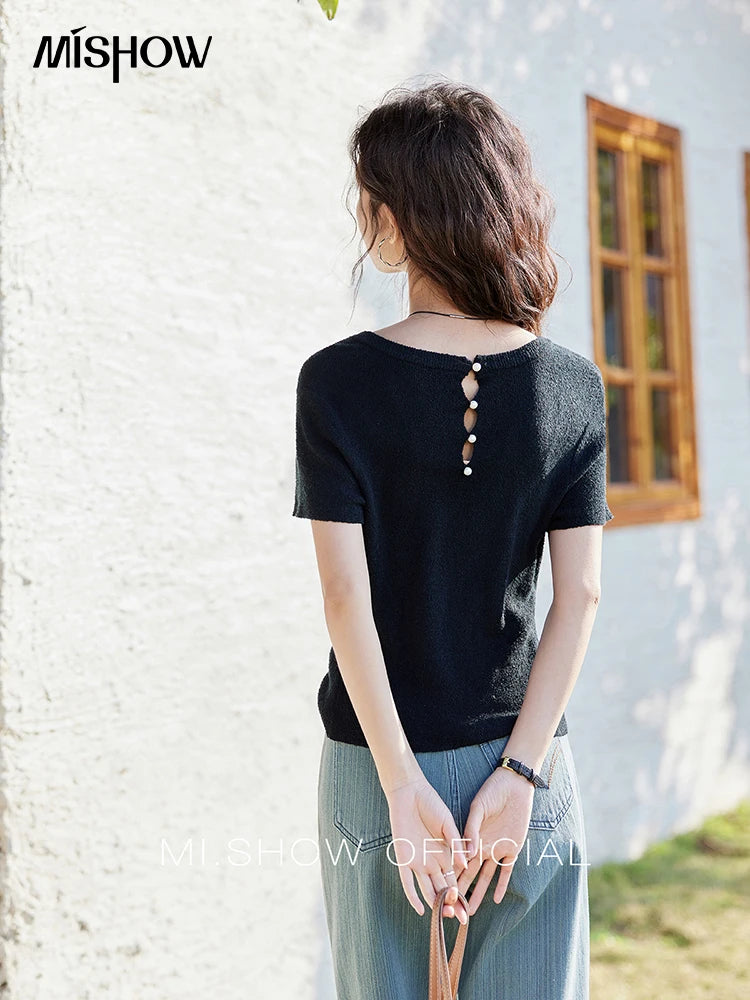 MISHOW Women's Short Sleeved Knitted T-shirt Spring 2025 Korean Minimalist Back Hollowed Out Pearl Buckle Design Tees MXE13Z1072
