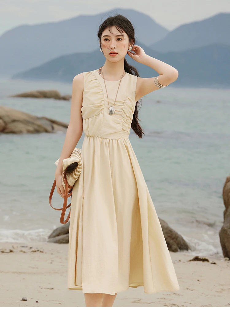 MISHOW Office Lady Summer Dress Women 2025 New Round Neck Sleeveless Solid with Belt Dresses Female Fashion Slimming MXE31L2188