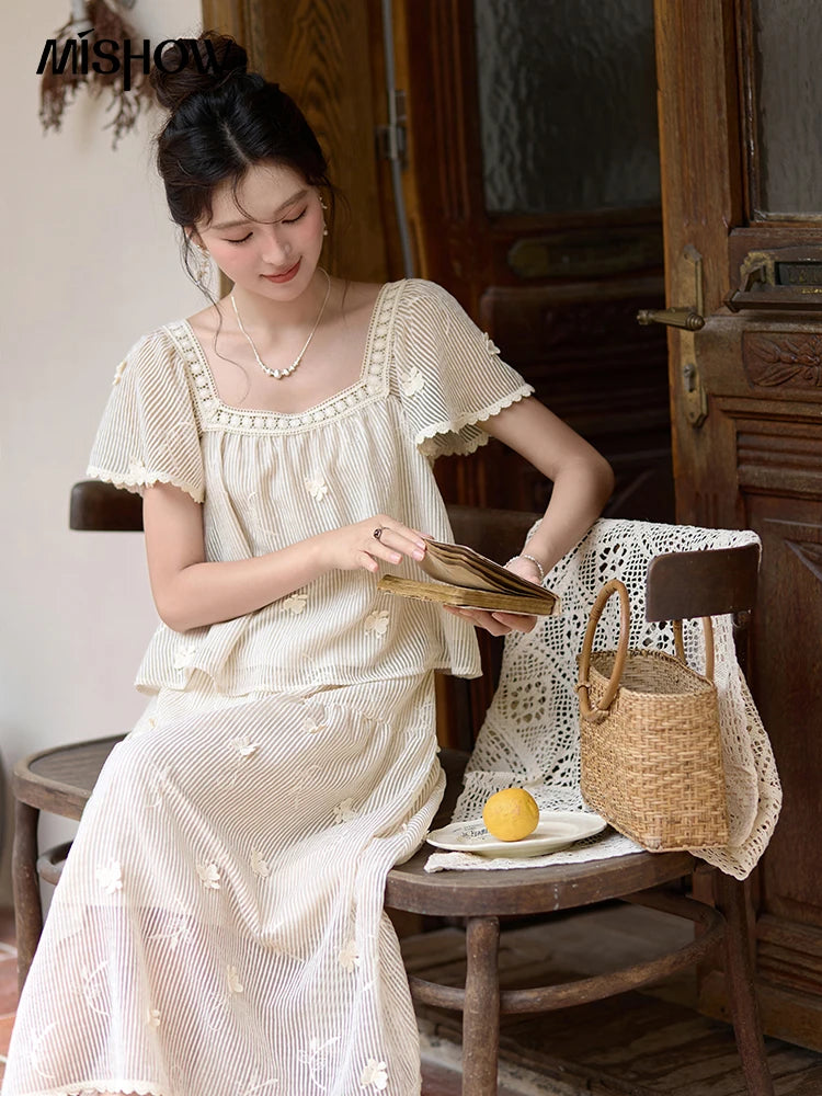 MISHOW Elegant Butterfly Flying Sleeve Blouses Elastic Waist Skirt Separately Summer Back Lace-up Top Midi Skirts MXD29X1559