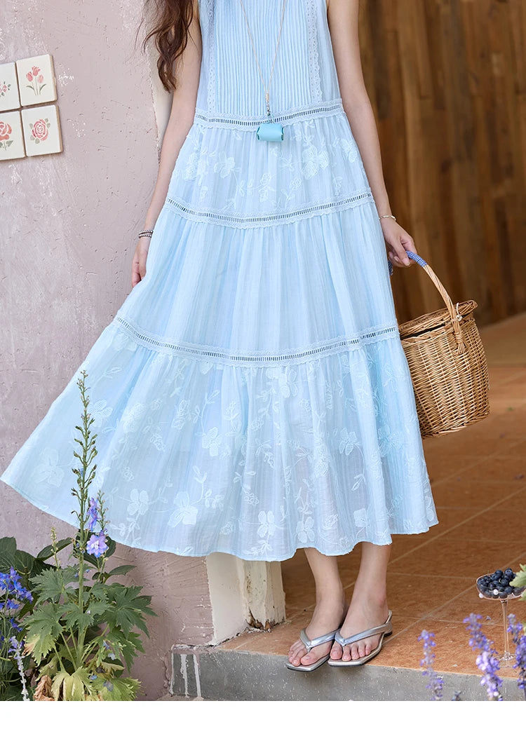 MISHOW Summer Embroidery Dress for Woman 2025 New O-Neck Sleeveless High Waist Hollow Out Lace Splicing Long Dress MXE35L2229