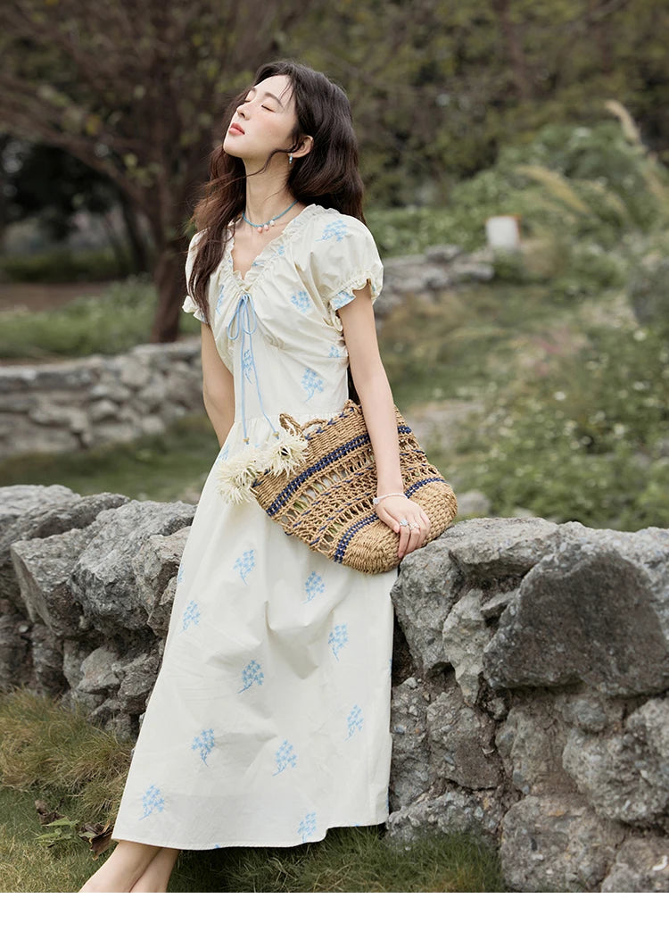 MISHOW French Print Summer Dresses for Women 2025 New Short Puff Sleeve V-neck Slimming Dress Female Fashion Cotton MXE32L2210