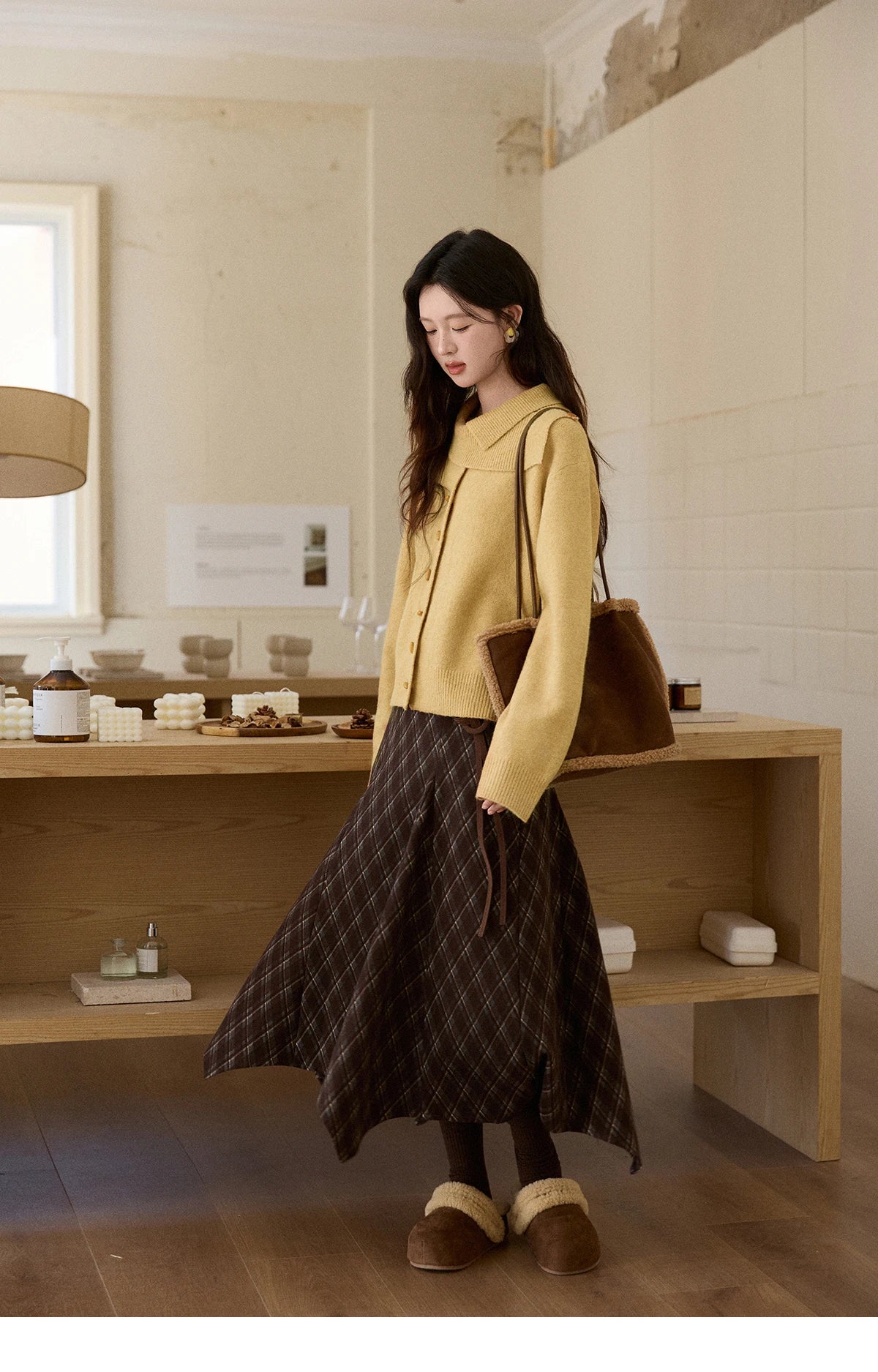 MISHOW Women's Mustard Yellow Knit Cardigan 2026 Spring Asymmetric Collar Dropped Sleeves Tops Casual Loose Sweater MXE93Z2936