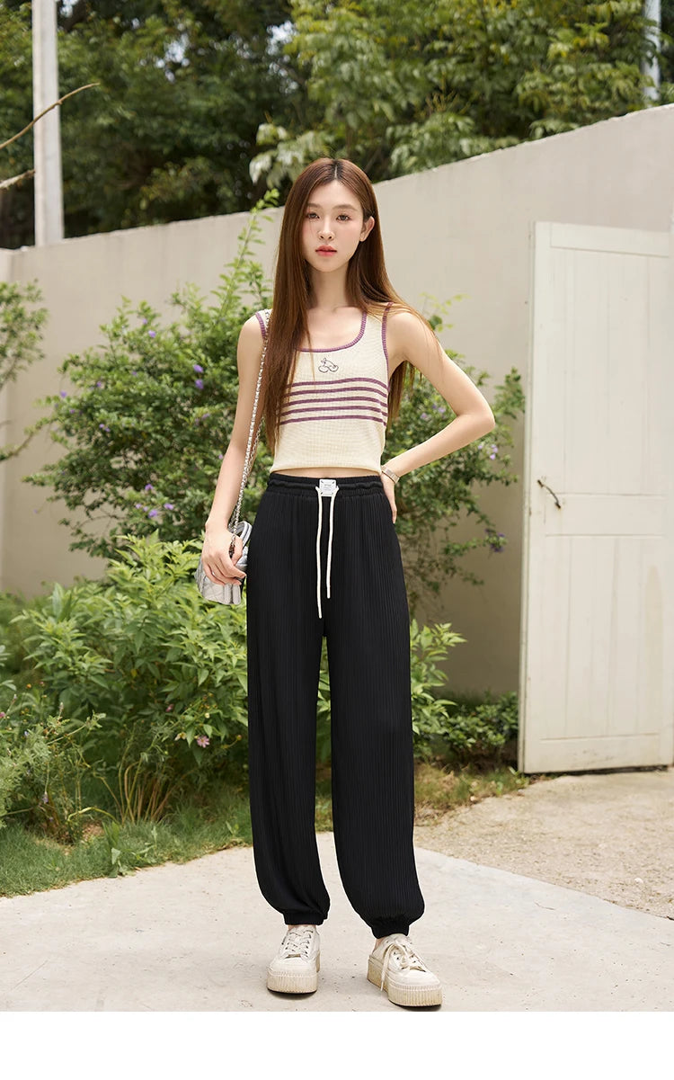 MISHOW Casual Pants for Women 2023 Summer Solid High Waist Slim Straight Elastic Waist Trousers Ankle-Length Pants MXC33K0069