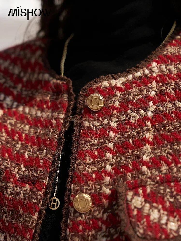 MISHOW Tweed Jacket for Women Luxury 2025 Winter Wool Blend Thick Coat High Quality Fashion Crew Neck Outerwear Top MXC57Y0021