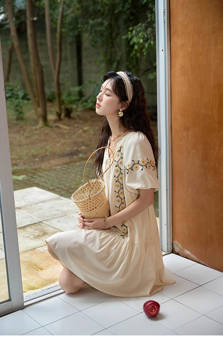 MISHOW  Women's Ethnic Dress 2024 Summer Korean Sunflower Embroidery Puff Sleeve Dress V Neck Lace-up Doll Dresses MXD30L1959