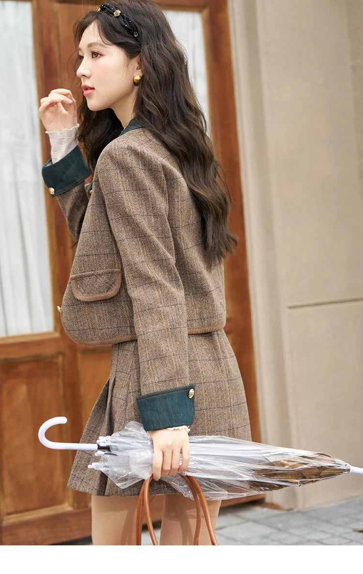MISHOW Fashion Retro Plaid Coat Half pleated Skirt Separately 2024 Autumn Wool Jacket Retro Skirt Office Lady MXC47W0154